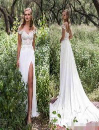 Boho 2019 New Sexy Sheer Jewel Neck Cape Sleeve Lace Wedding Dresses with High Split Front Country Style Beach Bohemian Wedding Dr3027041