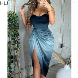 Casual Dresses HLJ Blue Fashion Gradient Ruched Irregular Suspenders Dress Women V Neck Thin Strap Sleeve Slim Vestidos Lady Party Club