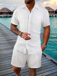 Men Shirt Sets 3d Print Solid Stripes Short Sleeve Casual Shirt oversized Beach Shorts Summer Streetwear Hawaiian Suits Clothes 240407