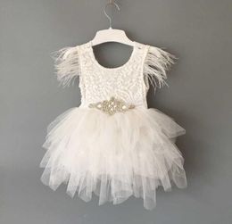 Princess baby feather dress 1st birthday party toddler girls lace flying sleeve summer dress kids tutu clothing with sashes Q07163826456