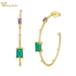 Rings Wong Rain Personality 100% 925 Sterling Silver Emerald Cut Emerald Created Moissanite Gemstone Open Hoop Earrings Fine Jewelry