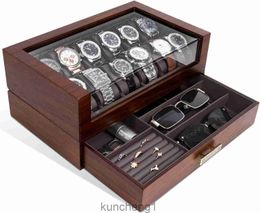 KAMIER 12 Slots Watch Box Case Organiser Display for MenTwo-Tier Wooden Watch Box Organiser For Men with watch holder and DrawerWalnut