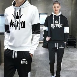 Couple Hooded Tracksuit King or Queen Print Lovers Hoodies Set Sweatshirt Jogging Sweapants Suits Couple Matching Clothing 240329