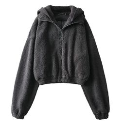 Fashion Fluffy Teddy Sweatshirt Crop Top Women Zip Up Short Turtleneck Ladies Faux Fleece Warm Cropped4895119