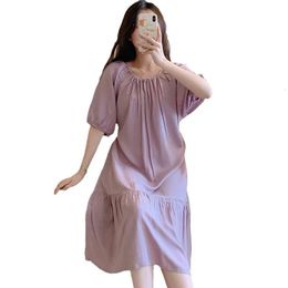 Round Neck Pajamas Home Clothes Thin Cotton Silk Nightgown Solid Color Sleepwear Short Sleeve Onepiece Dress Womens Clothing 240408