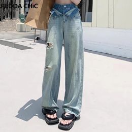 Women's Jeans REDDACHiC Flap High Waist Destroyed Boyfriend Ripped Korean Stylish Straight Wide Leg Casual Pants Draped Long Trousers