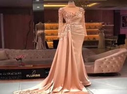 2022 Arabic Aso Ebi Luxurious Beaded Mermaid Formal Evening Dresses Long Sleeves High Neck Peplum Satin Prom Party Pageant Dress R7736812