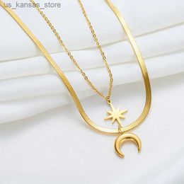 Pendant Necklaces Simple Double-Layer Star Moon Pendant Necklaces Women Light Luxury Design Collarbone Chain Party Gift240408