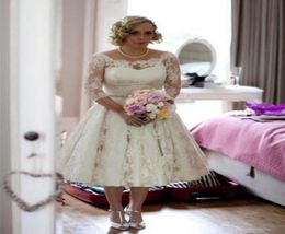 Vintage 1950s Wedding Dresses Tea Length 34 Sleeve Scoop Neck Beaded Belt Full Lace A Line Short Bridal Gowns Custom Made2555913
