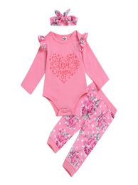 Infant Baby Valentine Day Outfits 5 Colors Letter Ruffler Tops Kids Casual Clothes Girls Floral Pants Headband Toddler Cotton Sets5837534