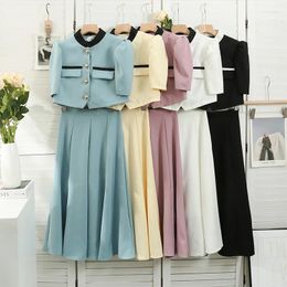 Work Dresses Suit For Women Korean Blazers Temperament Bubble Sleeves Short Shirt High Waist Large Swing Skirt 2 Piece Sets Pleated Coat