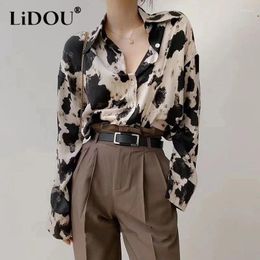 Women's Blouses Shirt Autumn And Winter Loose Single-breasted Polo-neck Long Sleeve Cardigan Fashion Printing Korean Style Office