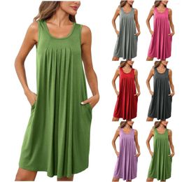 Casual Dresses Summer Pleated Tank Dress Ladies Fashion Loose Swing Solid Colour O Neck Sundress With Pocket Sleeveless Femme Robe