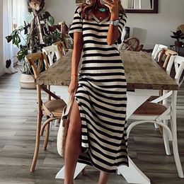 Summer Women Long Dress Maxi Split Striped V Neck Beach Tshirt Female Vacation Casual Short Sleeve Loose 240408