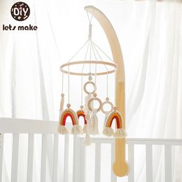 Baby Wooden Bed Bell Cartoon Rainbow Pendant Hanging Rattle Toy Hanger Crib Mobile Wood Holder Arm Bracket Kid Gift 240408