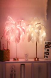 Creative feather Table lamp warm white light tree feather lampshade girl LED wedding decorative lights pink white birthday gift3855618