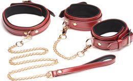 6 Piece Burgundy Faux Leather Adult Sex Bondage Restraints Set for Women, Men, Couples, Adjustable Wrist Ankle Cuffs, Collar, Leash with Connecting