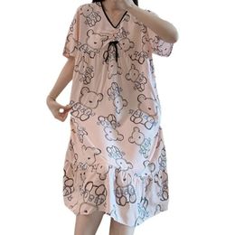 Sweet Princess Style Suit VNeck Sleepwear Printed Pajamas Thin Cotton Silk Nightgown Short Sleeve Dress Female Home Clothing 240408
