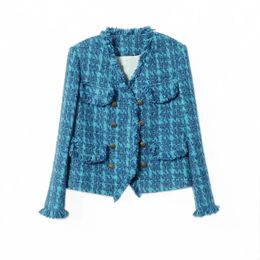 Vintage Blue Tweed Jacket Designer Women Clothing Autumn Winter Coat Blazer Office Lady Korean Chic Fringe Buttons Luxury Coats 240401