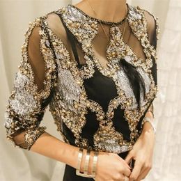 Women's T Shirts Sidaimi Luxury Women Crystal Sequins Embroidery Top Lace Geometric Heavy Beads Sexy Blusas Camisa Clubs Hollow Tops