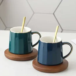 Mugs 350ml Nordic Ceramic Gold Rim Coffee Mug With Wooden &Lid&Spoon Milk Coffe Juice Tea Cup Tumbler Office Drinkware Gifts