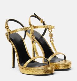 New Summer Walk High Heels Dress Shoe Medusai 95 Patent Leather Sandals Shoes Women Heel Gold-tone Hardware Buckle Ankle Strap Lady Party Wedding Sandalias EU35-43 Box