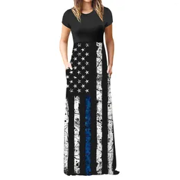 Casual Dresses Women Independence Day Print Long Dress Loose Round Neck Short Sleeve Pocket Tight Waist Summer Vocation Elegant