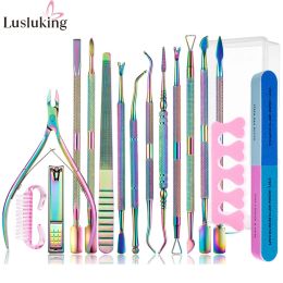 Kits Rainbow Stainless Steel Nail Art Tools Cuticle Pusher Dead Skin Gel Polish Remove Nipper Cleaner Care Tool Pedicure Manicure Set