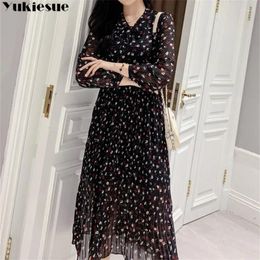 Casual Dresses Spring Summer Women High Waist A-line Bow Midi Vestidos Pleated Retro Sweet Floral Print Chiffon Dress Long Sleeve