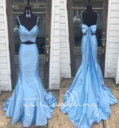 Newest Style 2018 Light Sky Blue Mermaid Prom Dresses Spaghetti Straps Pleated Taffeta Bow Backless Purple Gold Two Piece Prom Dre7842507