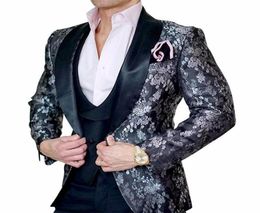 2020 Black Floral Paisley Tuxedos British Style Dinner Jacket Shawl Lapel Custom Made Mens Suit Slim Fit Blazer Wedding Suits for 4142186