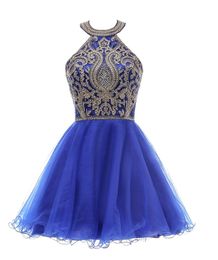 Halter Short Tulle Homecoming Graduation Dresses Gold Lace Applique Junior Prom Dress Ball Gown Knee Length Sweet 16 Quinceanera D8264265