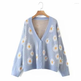 Women's Knits Little Daisy Sweater Cardigan Top Casual Long Sleeve V Neck Floral Print Loose Knit Lossen Coat