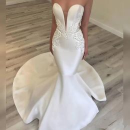 Dresses Elegant Satin 2019 Mermaid Wedding Dresses Sexy Sweetheart Lace Appliques Beaded Beach Bridal Gowns Graceful French Royal Wedding