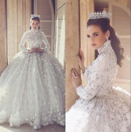 Dresses Luxury Saudi Arabic Lace Ball Gown Wedding Dresses Beaded High Neck 3D Floral Appliqued Bridal Gowns Long Sleeve Modest Wedding Dr