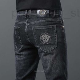 Mens Jeans designer high end jeans mens 2024 small straight elastic slim fitting Korean version black embroidered pants MRF3