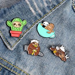 Sloth Spirit Enamel Pin Custom Cartoon Cactus Panda Cats Brooches Badge for Bag Lapel Pin Buckle Animal Jewellery Gif Friend