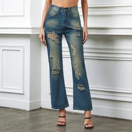 Women's Jeans Retro Flare Casual Solid Colour Straight Hole Ripped High Waist Washed Slim Stretch Pants