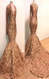 Gold Sequins Lace Mermaid Long Prom Dresses 2019 Long Sleeves V Neck 3D Floral Floor Length Evening Party Gowns BC13733701745