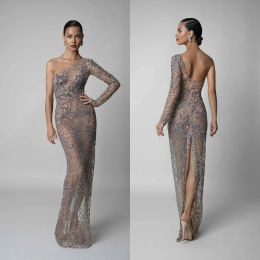 Berta 2024 Evening Dresses One Shoulder Long Sleeves Lace Sequins Mermaid Prom Gowns Open Back Sweep Train Special Occasion Dress