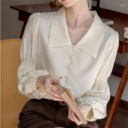 Women's Blouses Women Blouse Shirt Silk Vintage Long Sleeve Beige Satin Summer Spring Autumn Casual Loose Office Ladies Tops