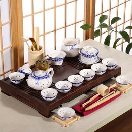 Teaware Sets Complete Tea Set Chinese Kungfu Solid Wood Tray Porcelain Pot Tureen Pitcher Cups China Ceramic Wooden Table