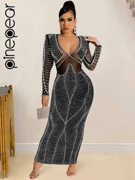 Casual Dresses PinePear 2024 Fall Winter Women Shiny Luxury Diamonds Sheer Mesh Maxi Dress Glam Ladies Long Sleeve Bodycon Birthday Party