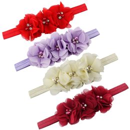 30PCS Chiffon Flowers With Pearl Rhinestone Headbands Kids Girls Toddler Teens Beaded Stretchy Haidbands Hair Accessories FDA14 240328