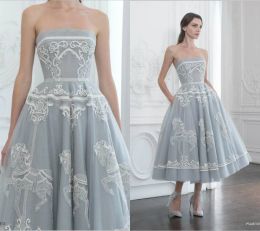 Strapless Polo Sebastian Dresses Embroidery Pattern Ruffle Tea Length Evening Dresses A Line Sleeveless Sweet 16 Quinceanera Dress