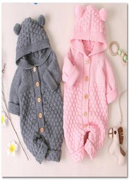 INS Baby boy romper infant girls pompon bear ear hooded long sleeve jumpsuits newborn kids knitted sweater out wear clothes J03759118711