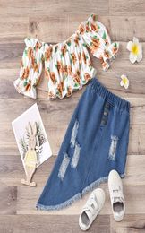 kids Clothing Sets girls outfits children ruffle off shoulder Sunflower print TopsIrregular hypotenuse Hole denim skirts 2pcsset1642209