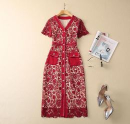 Spring Red Floral Lace Dress Short Sleeve V Neck Double Pockets SingleBreasted Casual Dresses S331622 Plus Size XXL1359578