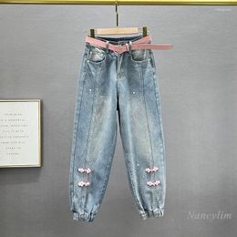 Women's Jeans Chinese Style Denim Harem Pants Cropped 2024 Spring Summer High Waist Loose Buckle