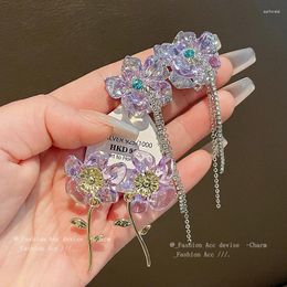 Dangle Earrings Crystal Inlaid Purple Flower Long Tassel Sweet Wholesale